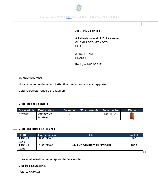 Résultat de la fusion pilotée par Silvertool dans Word